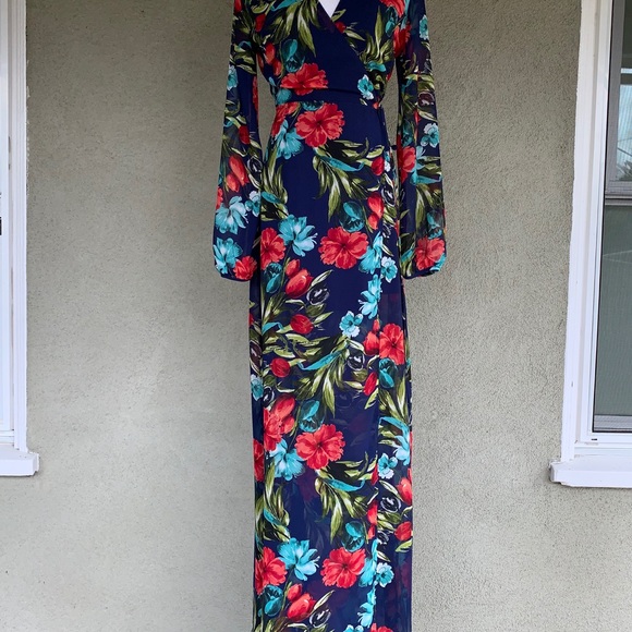 “The Room” Navy Floral Chiffon Maxi Wrap Dress Sm - Picture 7 of 8